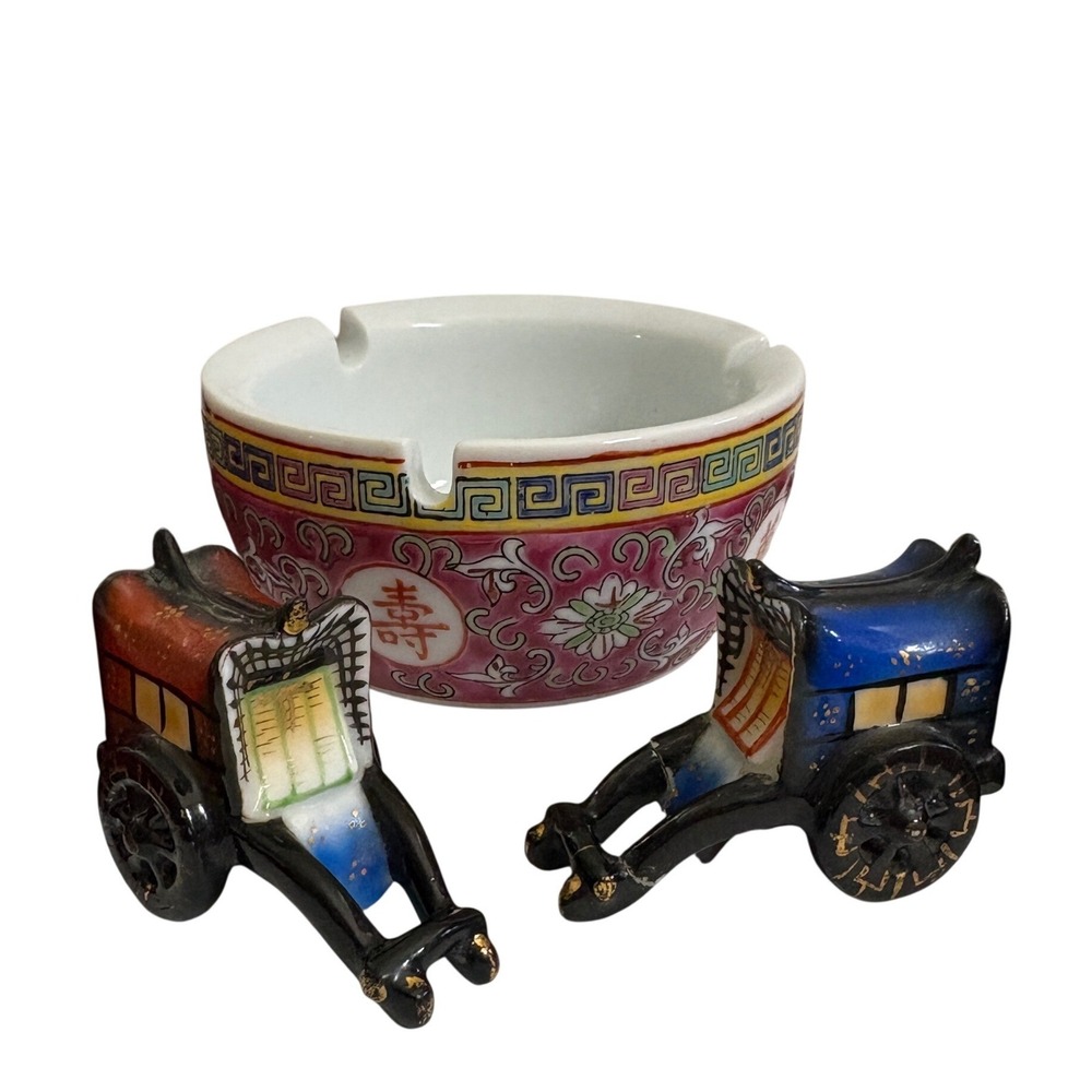 VTG Chinoiserie‎ Ceramic Set Longevity Ashtray &Rickshaw Salt Pepper Shaker READ
